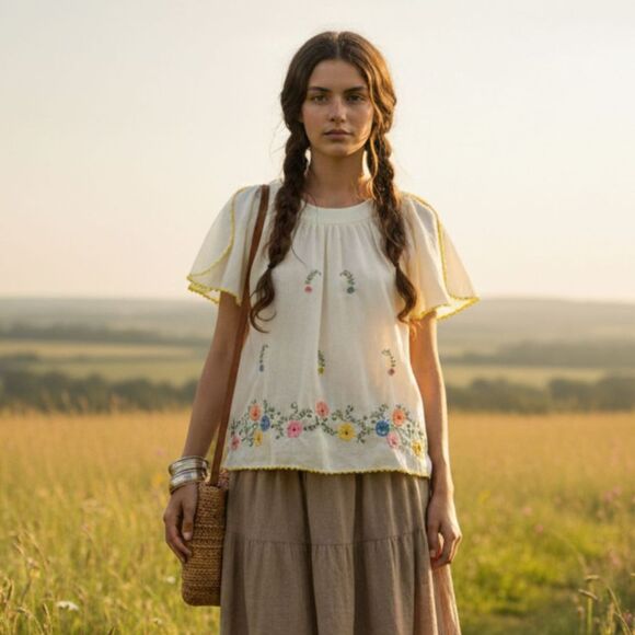 Vintage Handmade Top Embroidered Floral Short Sleeve Stitched Trim Women M Cream - Picture 1 of 9